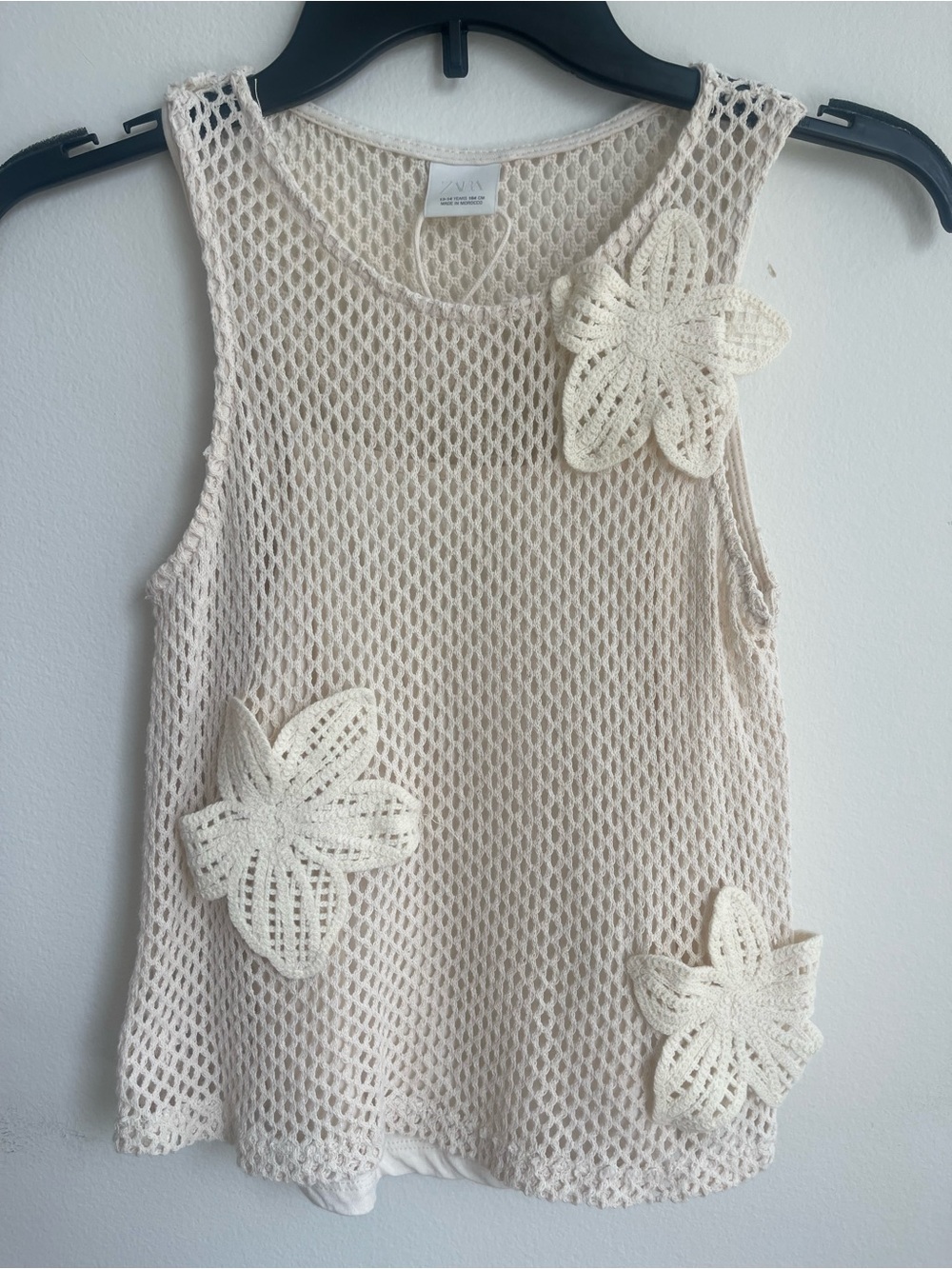 Zara Kids Cream Crochet Mesh Tank with Floral Appliqués